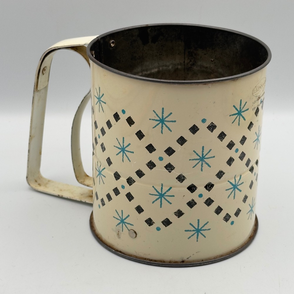 Vintage Androck Flour Sifter Mid Century Modern Atomic Starburst Teal Black USA